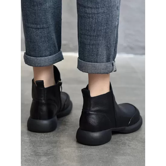 Round-Toe Solid Color Zipper Boots