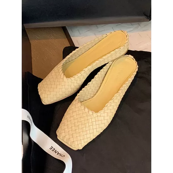 Open Toe Split-Joint Square-Toe Woven Slippers&Mules