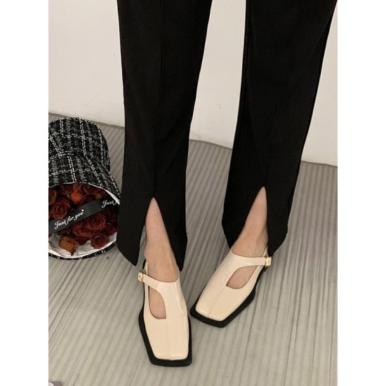 Buckle Hollow Split-Joint Square-Toe Loafers Flat Shoes