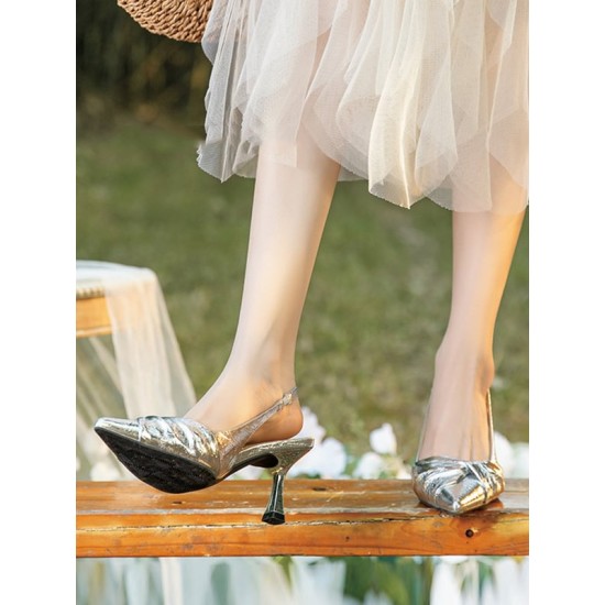 Pleated Pointed-Toe Split-Joint Sling Shoes Sandals