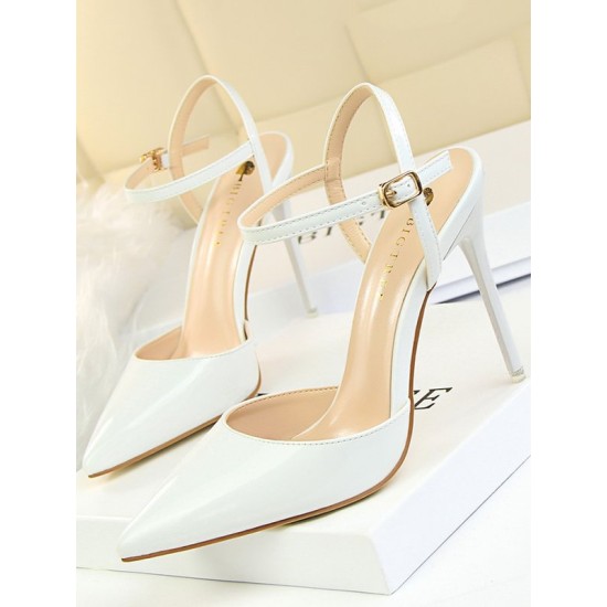 Belt Buckle Pointed-Toe Shiny Split-Joint Sandals Pumps