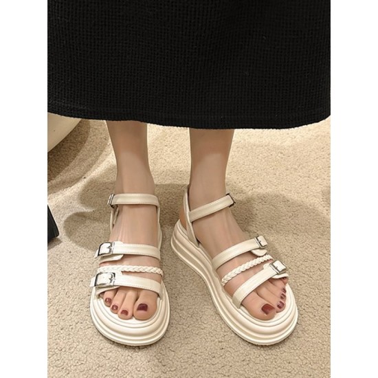 Belt Buckle Lace-Up Round-Toe Split-Joint Sandals Platform Shoes