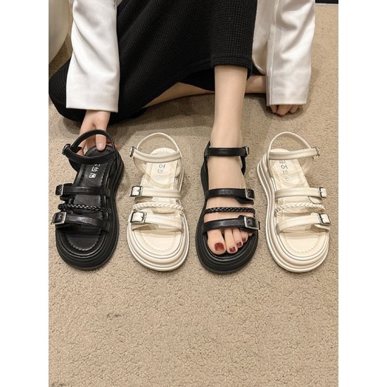 Belt Buckle Lace-Up Round-Toe Split-Joint Sandals Platform Shoes