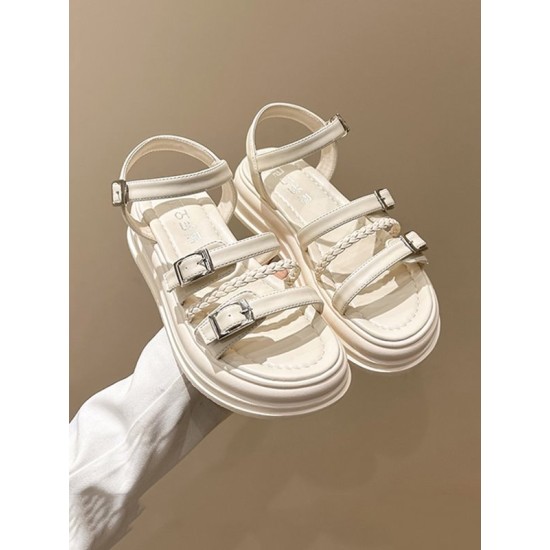 Belt Buckle Lace-Up Round-Toe Split-Joint Sandals Platform Shoes