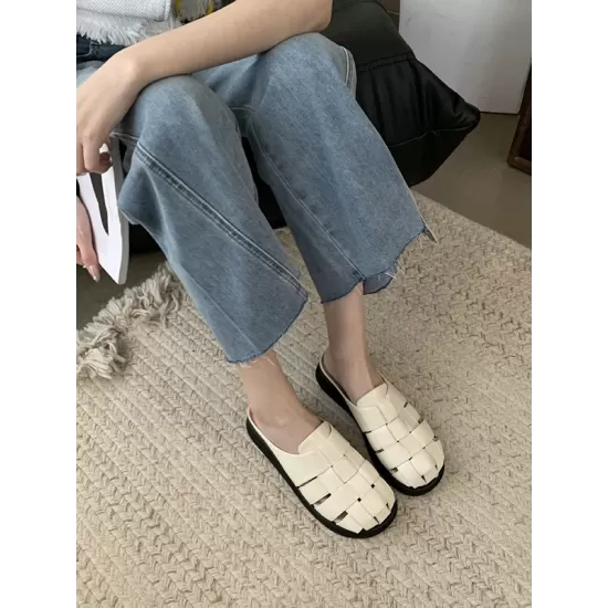 Hollow Round-Toe Split-Joint Woven Slippers&Mules Sandals