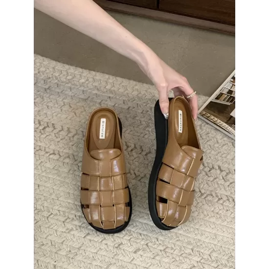 Hollow Round-Toe Split-Joint Woven Slippers&Mules Sandals