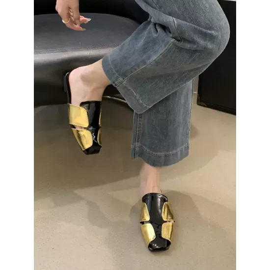 Contrast Color Hollow Split-Joint Square-Toe Slippers&Mules Sandals