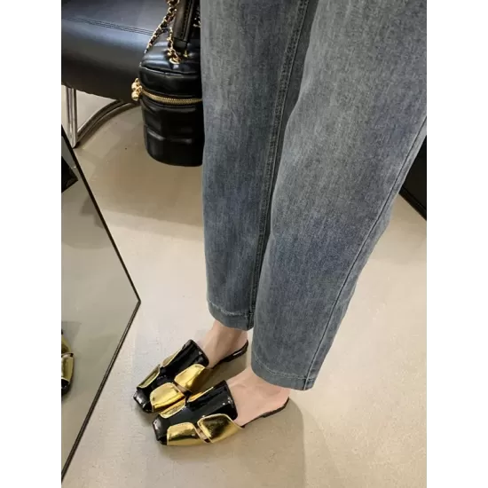 Contrast Color Hollow Split-Joint Square-Toe Slippers&Mules Sandals