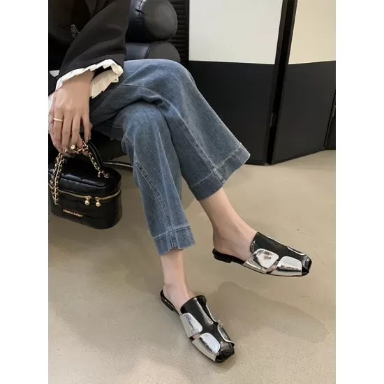 Contrast Color Hollow Split-Joint Square-Toe Slippers&Mules Sandals