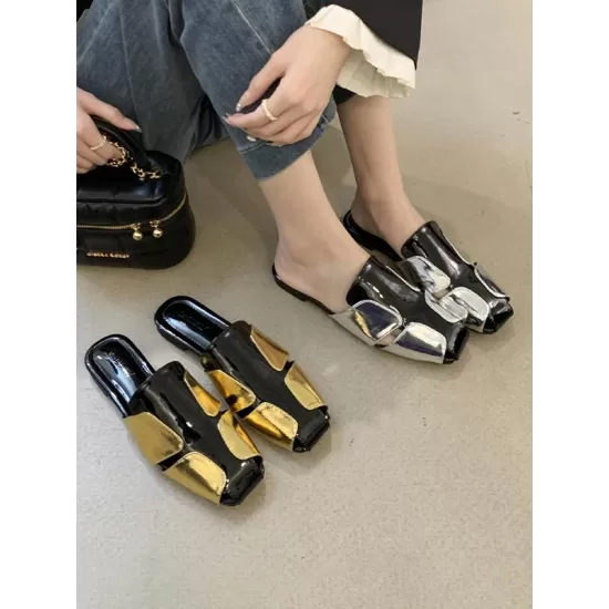 Contrast Color Hollow Split-Joint Square-Toe Slippers&Mules Sandals