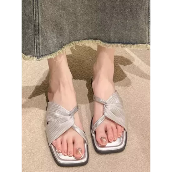 Pleated Split-Joint Square-Toe Slippers Sandals