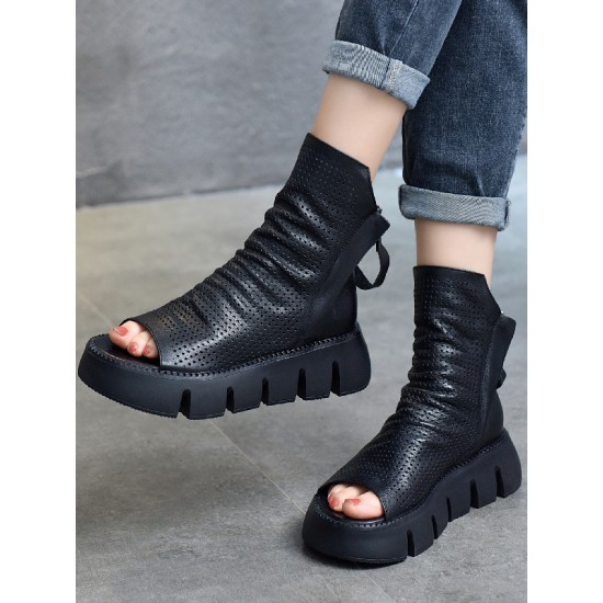 Urban Black Brown Zipper Hollow Platform Shoes