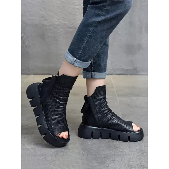 Urban Black Brown Zipper Hollow Platform Shoes