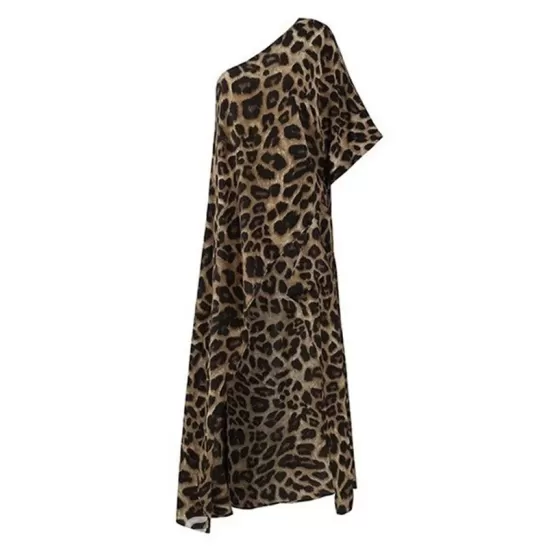 Stylish Leopard Printed Asymmetric One-Shoulder Loose T-Shirt Tops