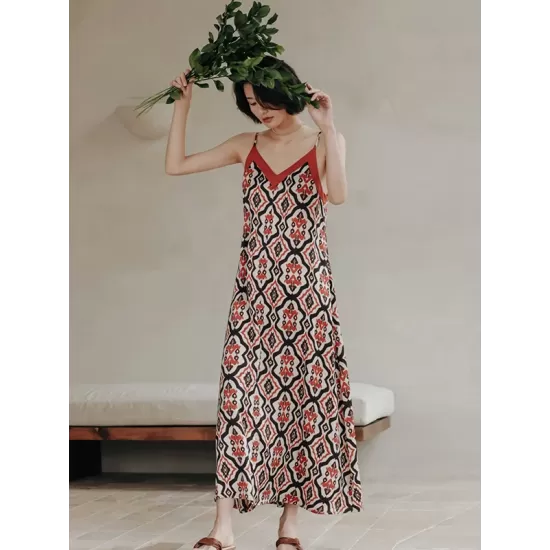 Vacation H-Line Floral Printed V-Neck Dress