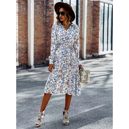 Bohemia Long Sleeves Floral Printed V-Neck Dress