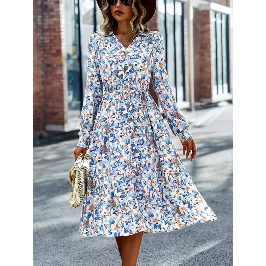 Bohemia Long Sleeves Floral Printed V-Neck Dress