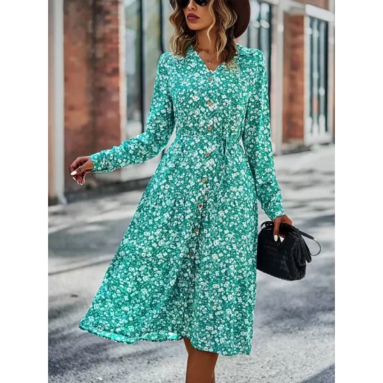 Bohemia Long Sleeves Floral Printed V-Neck Dress