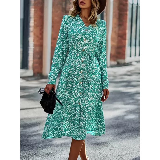 Bohemia Long Sleeves Floral Printed V-Neck Dress