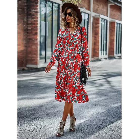 Bohemia Long Sleeves Floral Printed V-Neck Dress