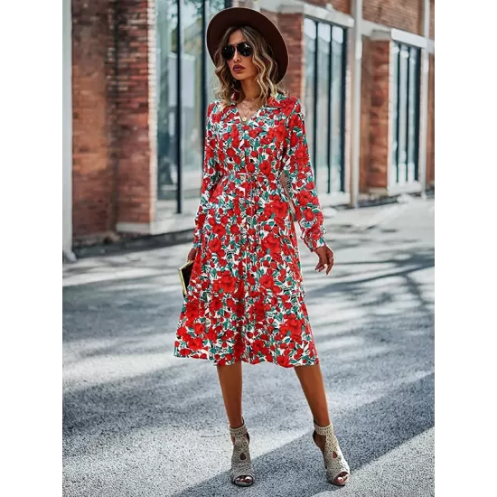 Bohemia Long Sleeves Floral Printed V-Neck Dress