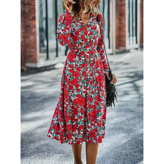 Bohemia Long Sleeves Floral Printed V-Neck Dress