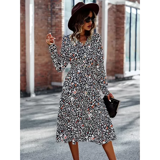 Bohemia Long Sleeves Floral Printed V-Neck Dress