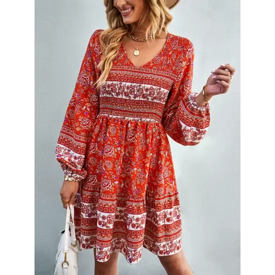 Bohemia A-Line Loose Floral Printed V-Neck Dress