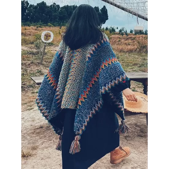 Casual Loose Tasseled Patchwork Shawl&Cloak