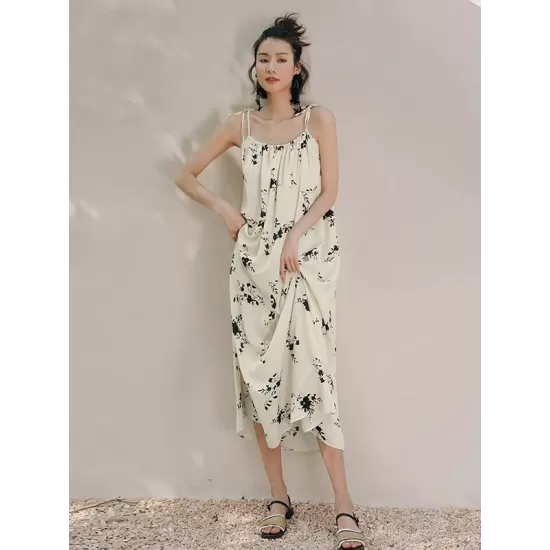 Vacation H-Line Floral Printed U-Neck Dress