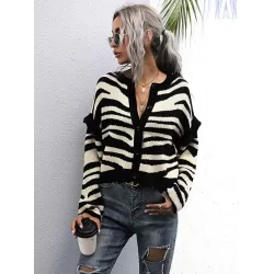 Casual Loose Striped Patchwork V-Neck Cardigan Top