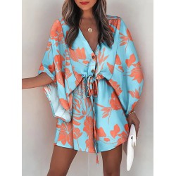 Original Loose Floral Printed Contrast Color Tied Mini Shirt Dress