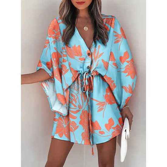 Original Loose Floral Printed Contrast Color Tied Mini Shirt Dress