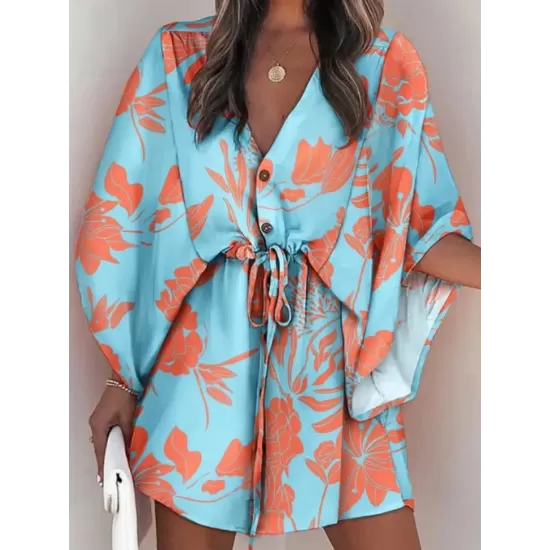 Original Loose Floral Printed Contrast Color Tied Mini Shirt Dress