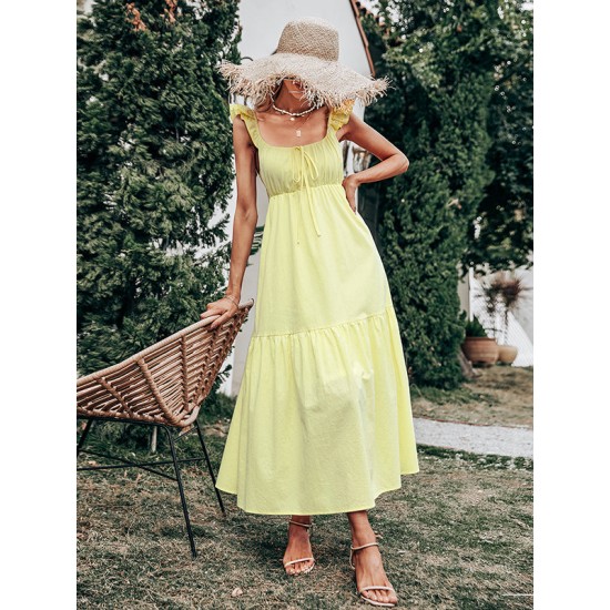 Women's Yellow Sling Dress High Waist Sleeveless Long Swing Dress