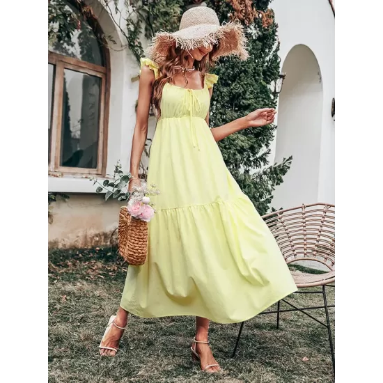 Women's Yellow Sling Dress High Waist Sleeveless Long Swing Dress