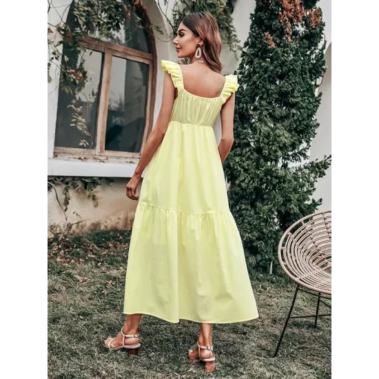 Women's Yellow Sling Dress High Waist Sleeveless Long Swing Dress