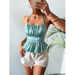 Sleeveless Halter Tank Top Blue Slim Fit Blouse