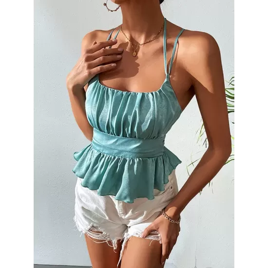 Sleeveless Halter Tank Top Blue Slim Fit Blouse