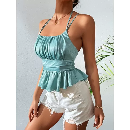 Sleeveless Halter Tank Top Blue Slim Fit Blouse