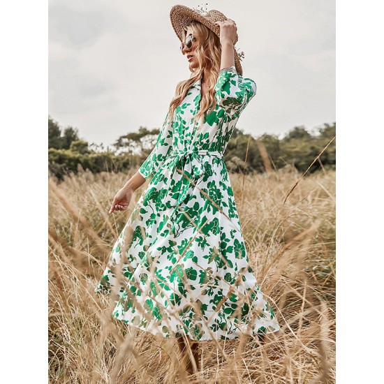 Fashion Ladies Long Skirt Green Print Lace-Up Dress