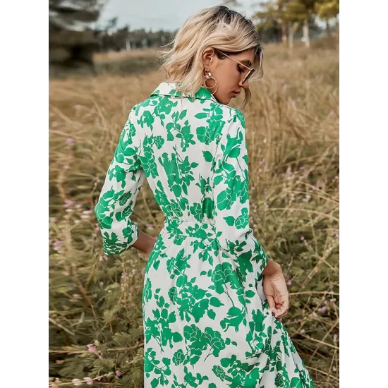 Fashion Ladies Long Skirt Green Print Lace-Up Dress