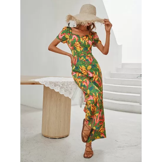 Fashion Square Neck Floral Jumpsuit