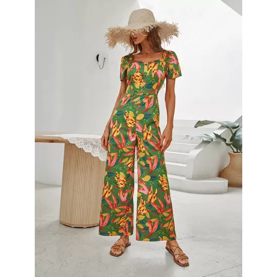 Fashion Square Neck Floral Jumpsuit