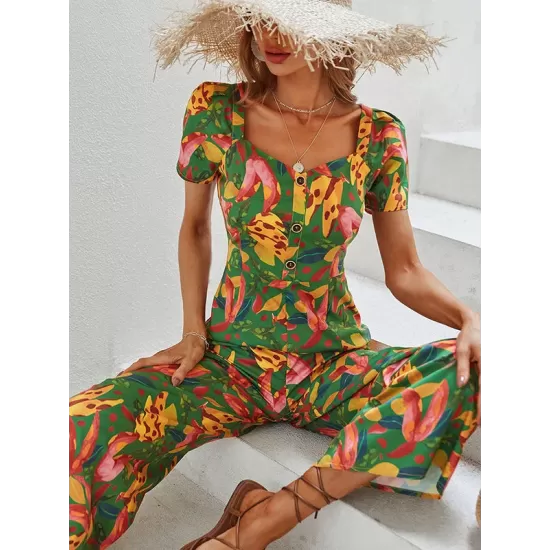 Fashion Square Neck Floral Jumpsuit