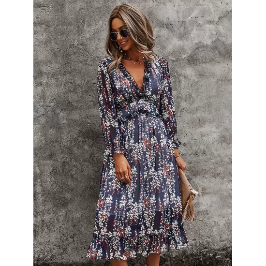 V-Neck Simple Print Dress