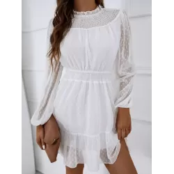 White Lace Trim Long Sleeve Ladies Dress