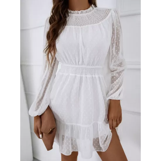 White Lace Trim Long Sleeve Ladies Dress