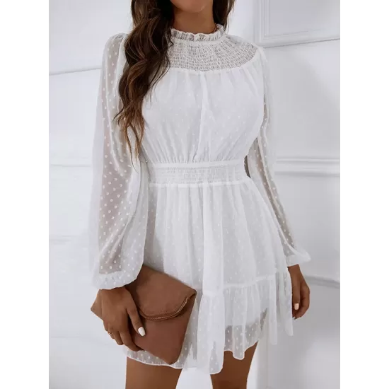 White Lace Trim Long Sleeve Ladies Dress