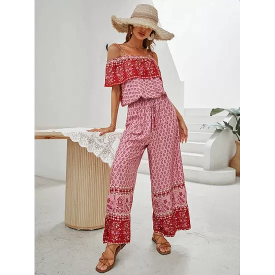 Women Wide Leg Floral Printed Bohemia Jumpsuit